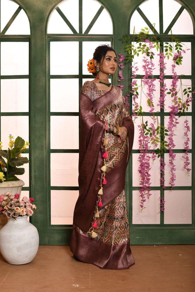 Women's Wine Woven Banarasi Silk Saree with Tassels