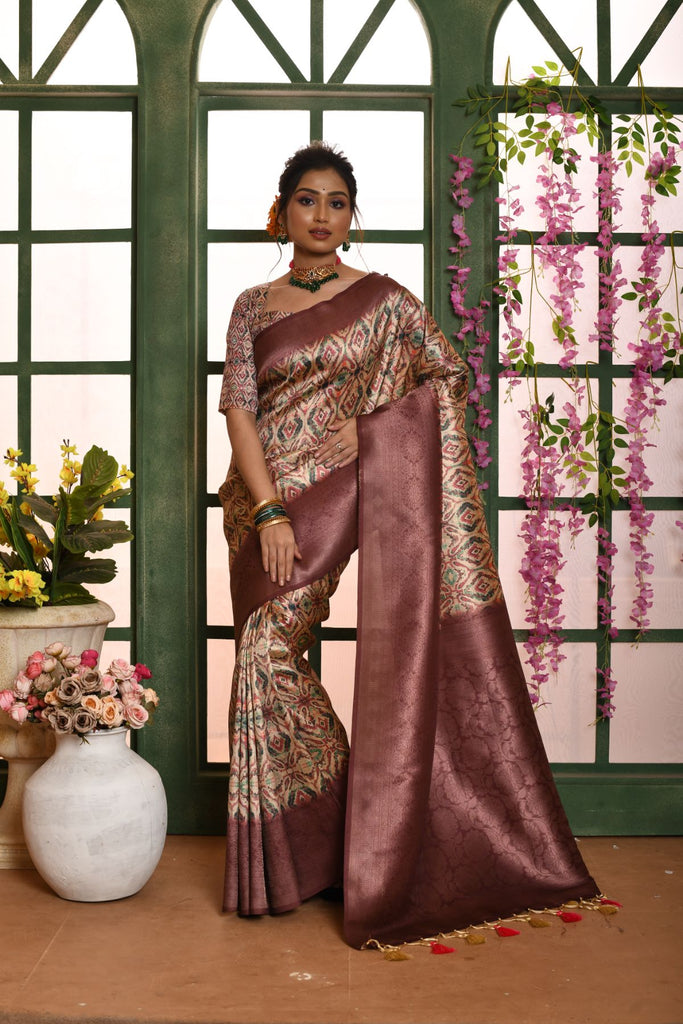Women's Wine Woven Banarasi Silk Saree with Tassels