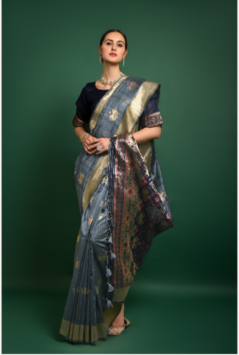 Women's Blue Tussar Silk Zari Woven Saree With Blouse - Vishnu Weaves