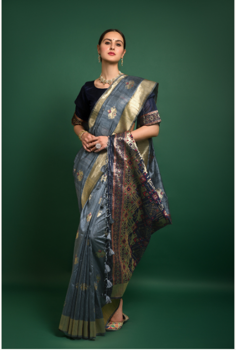 Women's Blue Tussar Silk Zari Woven Saree With Blouse