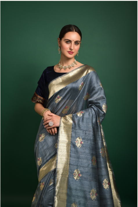 Women's Blue Tussar Silk Zari Woven Saree With Blouse