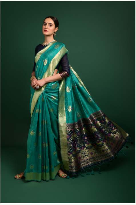 Women's Blue Tussar Silk Zari Woven Saree With Blouse