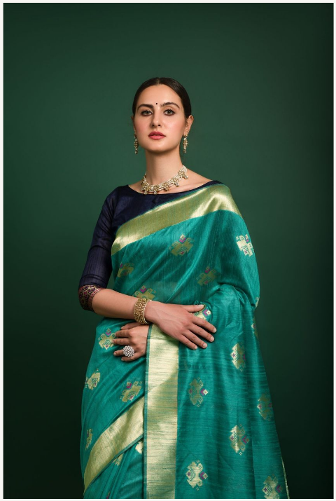 Women's Blue Tussar Silk Zari Woven Saree With Blouse