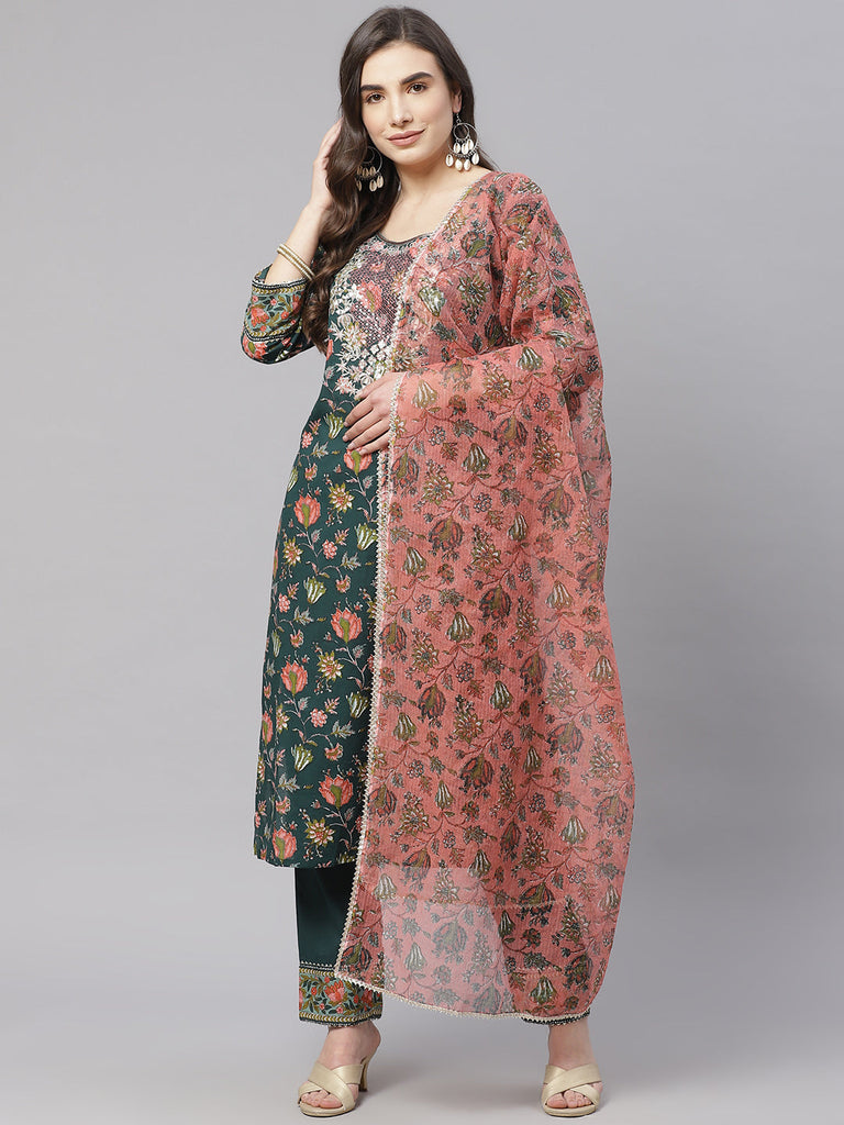 Women's Green Floral Printed Kurta Pant Set With Dupatta