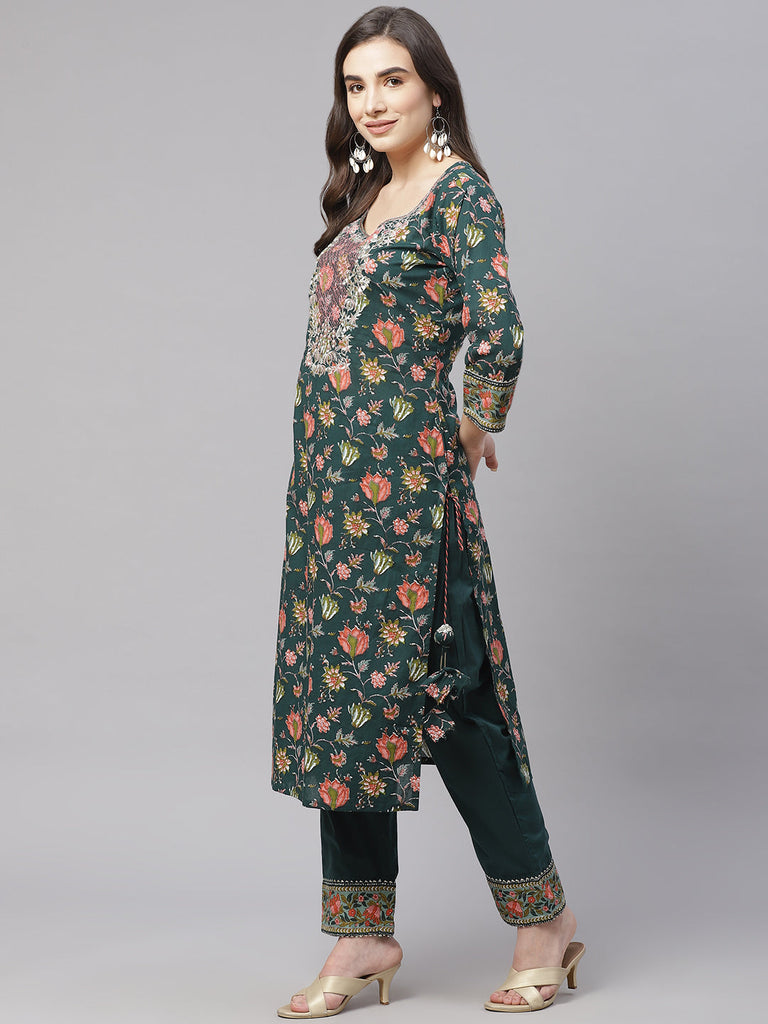 Women's Green Floral Printed Kurta Pant Set With Dupatta