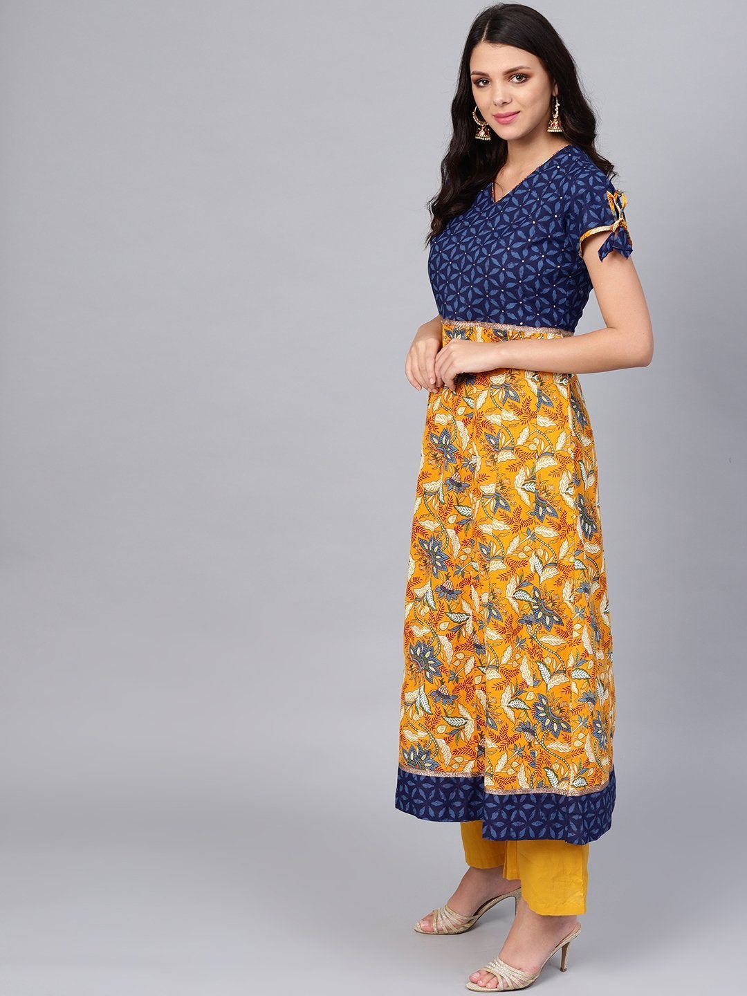 Women's Gorgeous Blue And Mustard Anarkali - Divena