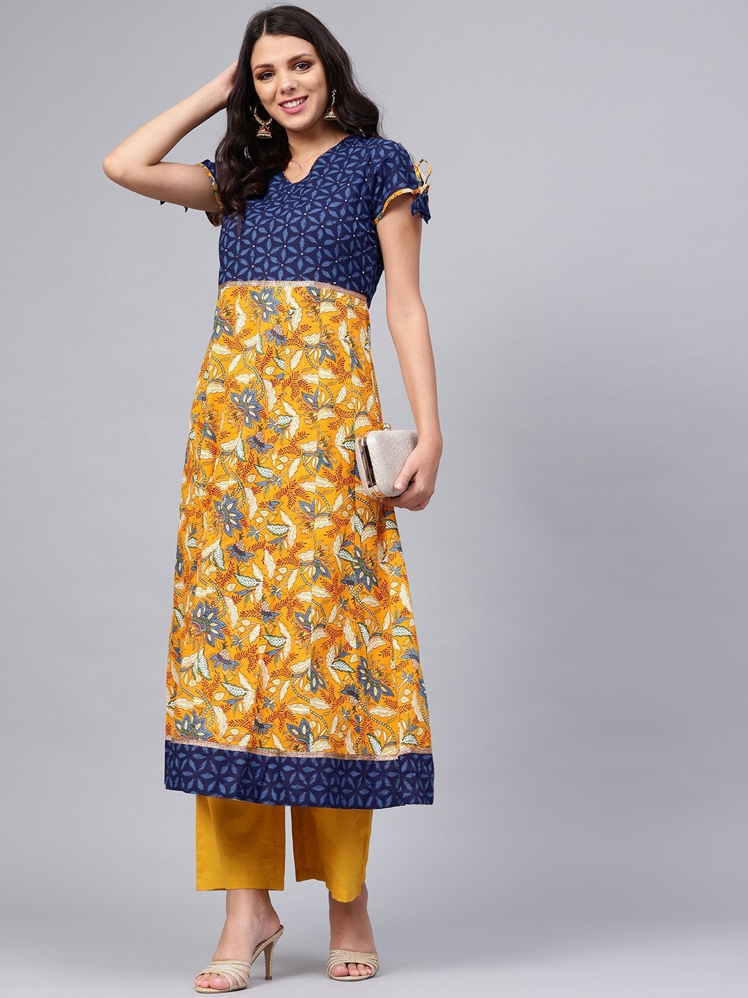 Women's Gorgeous Blue And Mustard Anarkali - Divena