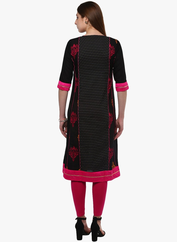 Women's Black Printed A-Line Rayon And Cotton Kurta