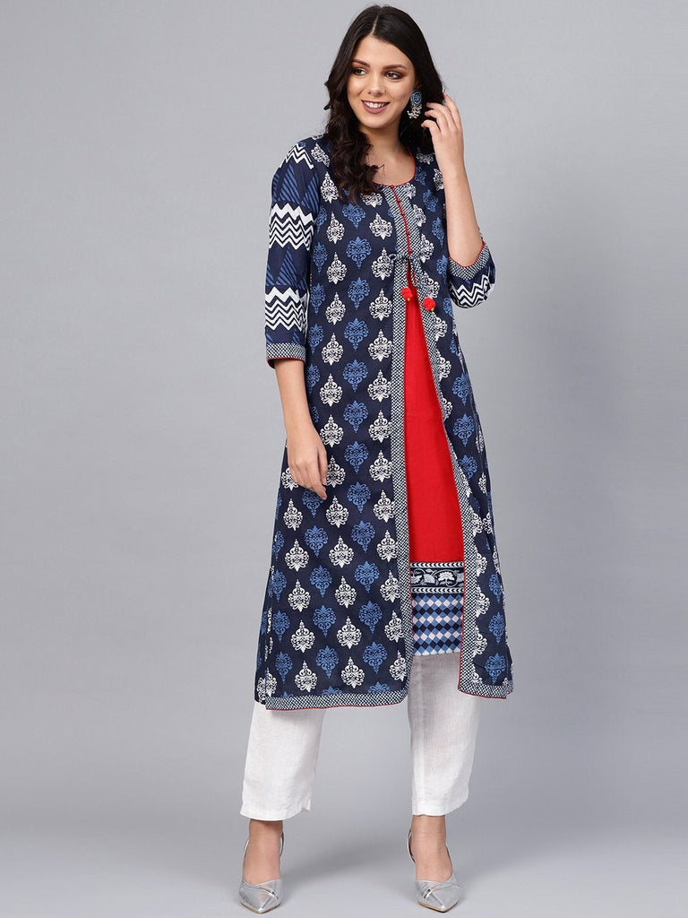Women's Blue Cotton & Rayon A-Line Kurti
