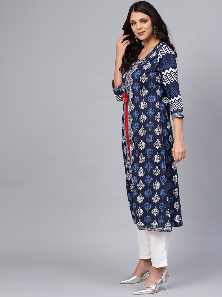 Women's Blue Cotton & Rayon A-Line Kurti