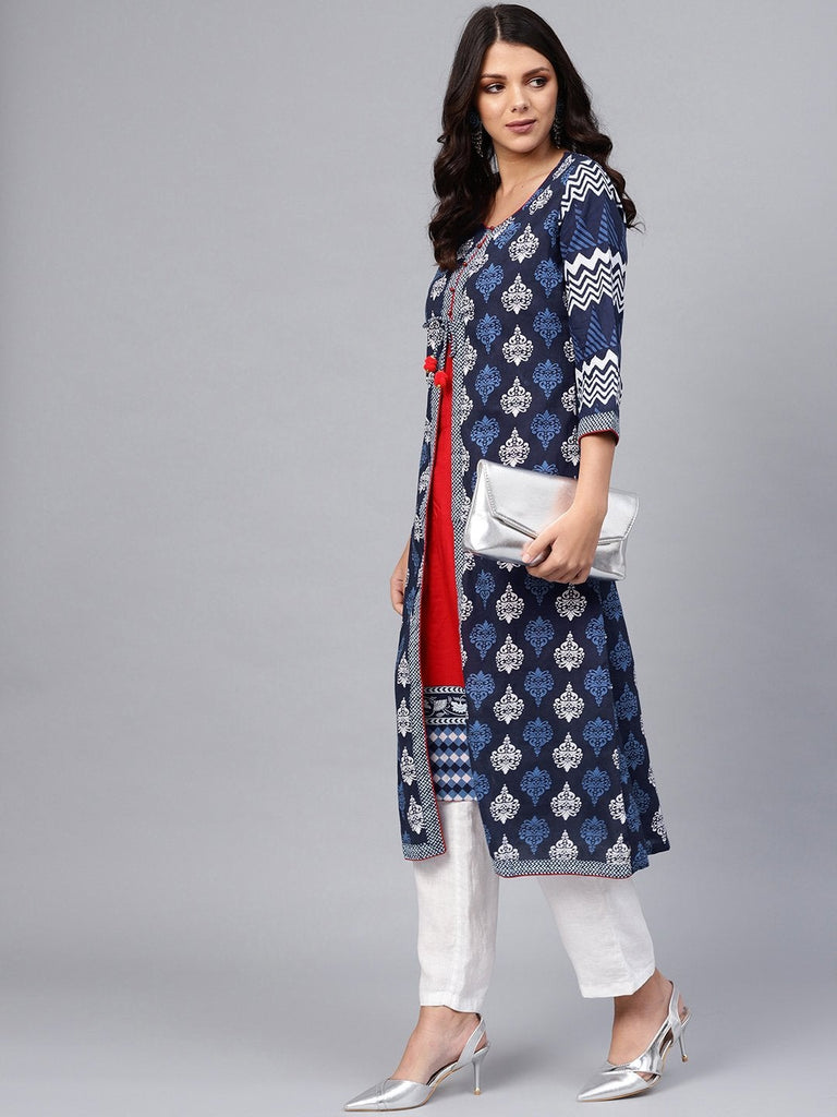 Women's Blue Cotton & Rayon A-Line Kurti