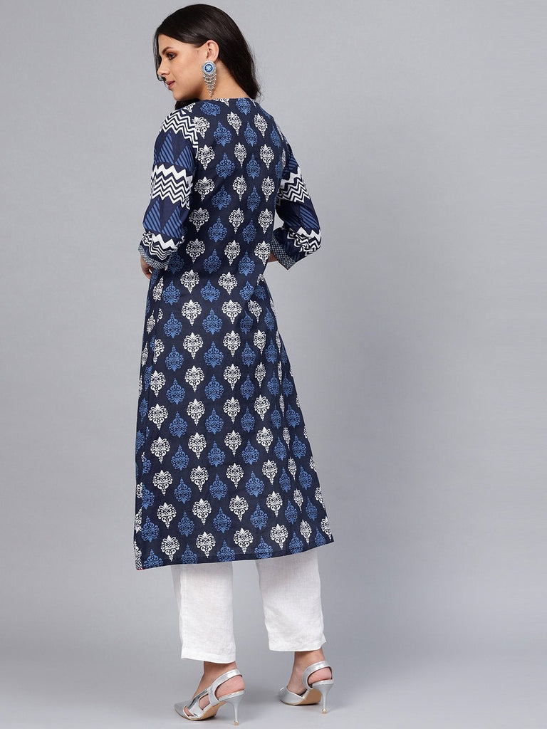 Women's Blue Cotton & Rayon A-Line Kurti