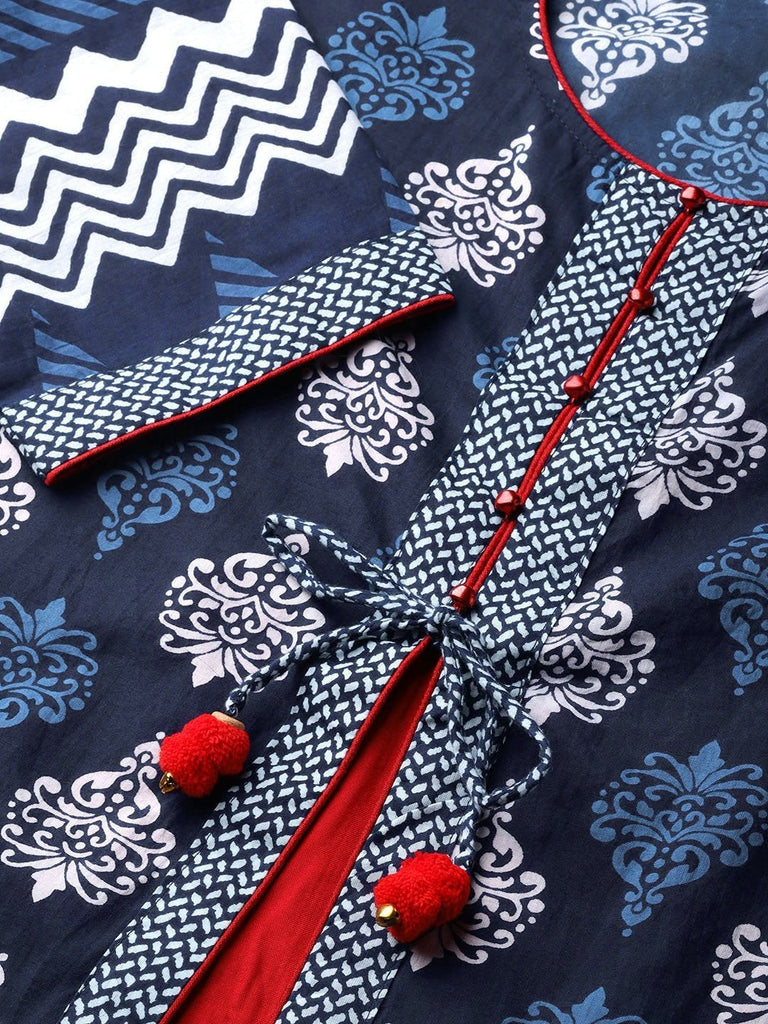 Women's Blue Cotton & Rayon A-Line Kurti