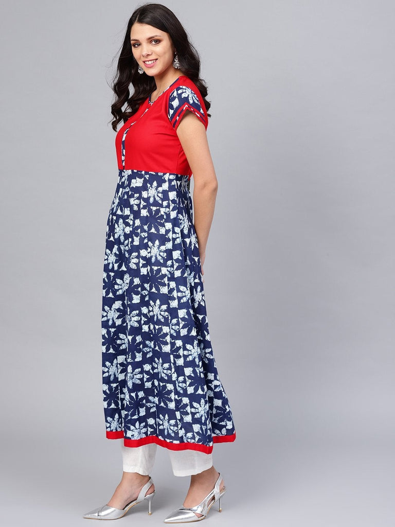 Women's Indigo Blue Printed Cotton Anarkali