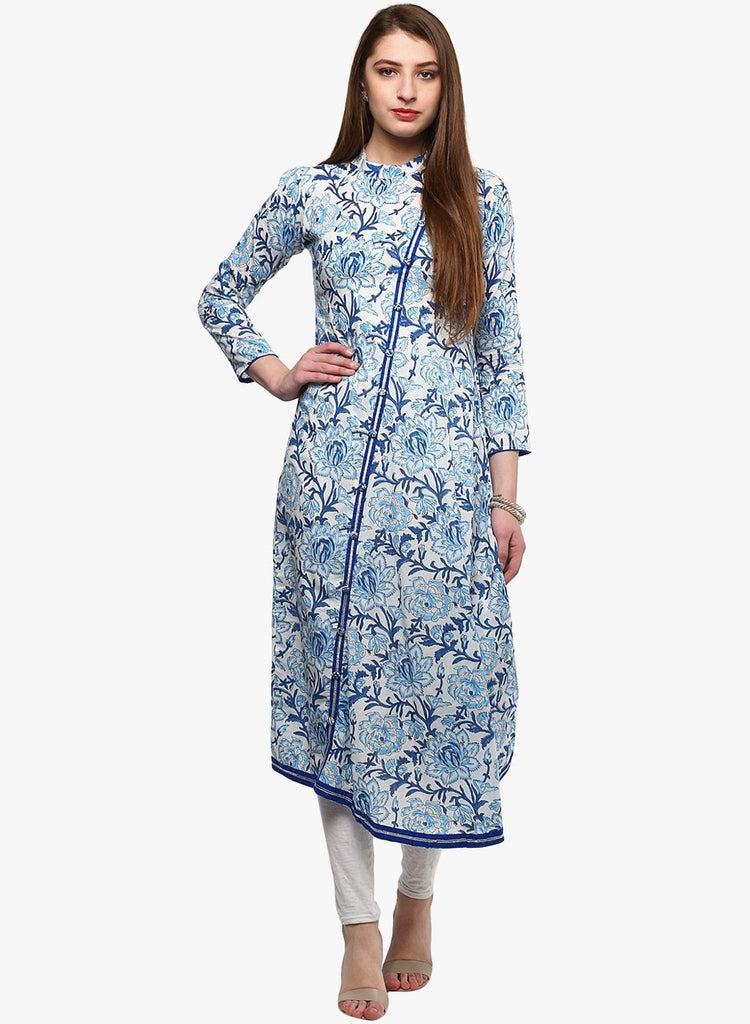 Women's Hand Block Blue And White Printed Angrakha Anarkali