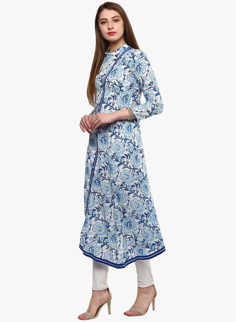 Women's Hand Block Blue And White Printed Angrakha Anarkali