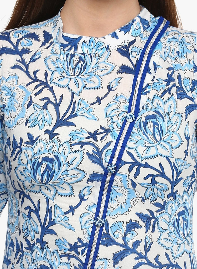 Women's Hand Block Blue And White Printed Angrakha Anarkali