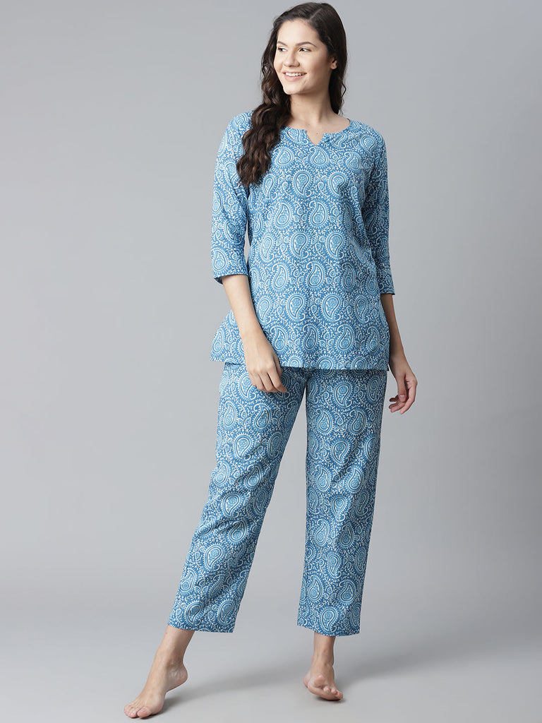 Women's Blue Printed Cotton Nightwear