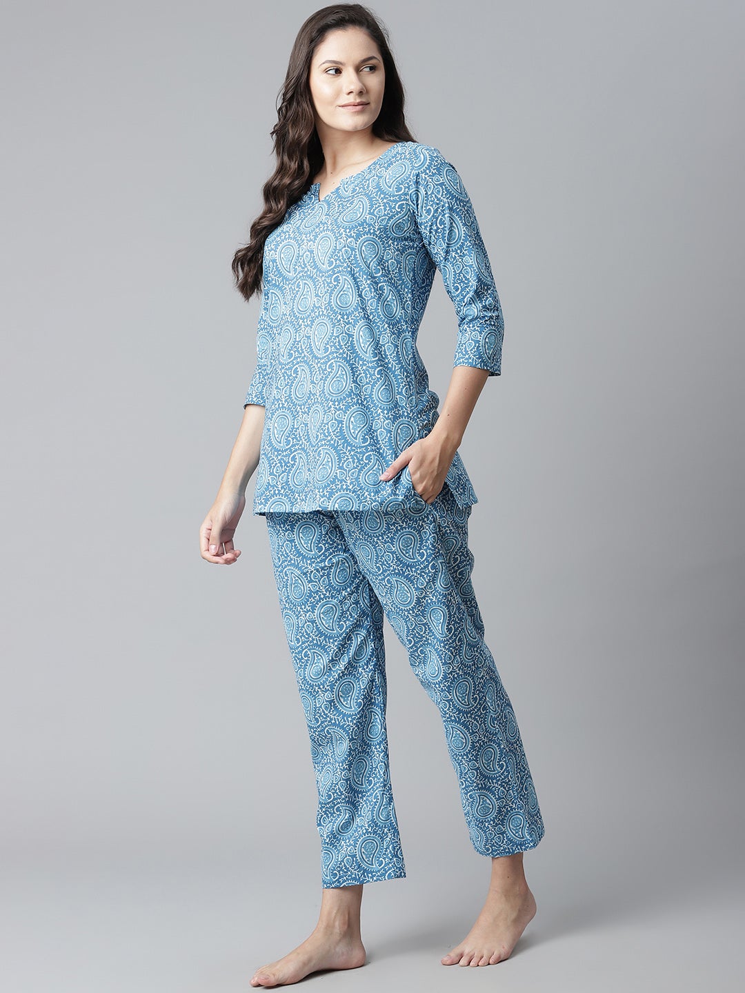 Women's Blue Printed Cotton Nightwear - Wahenoor