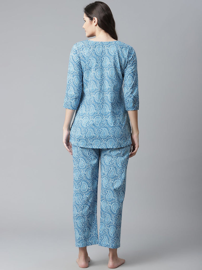 Women's Blue Printed Cotton Nightwea