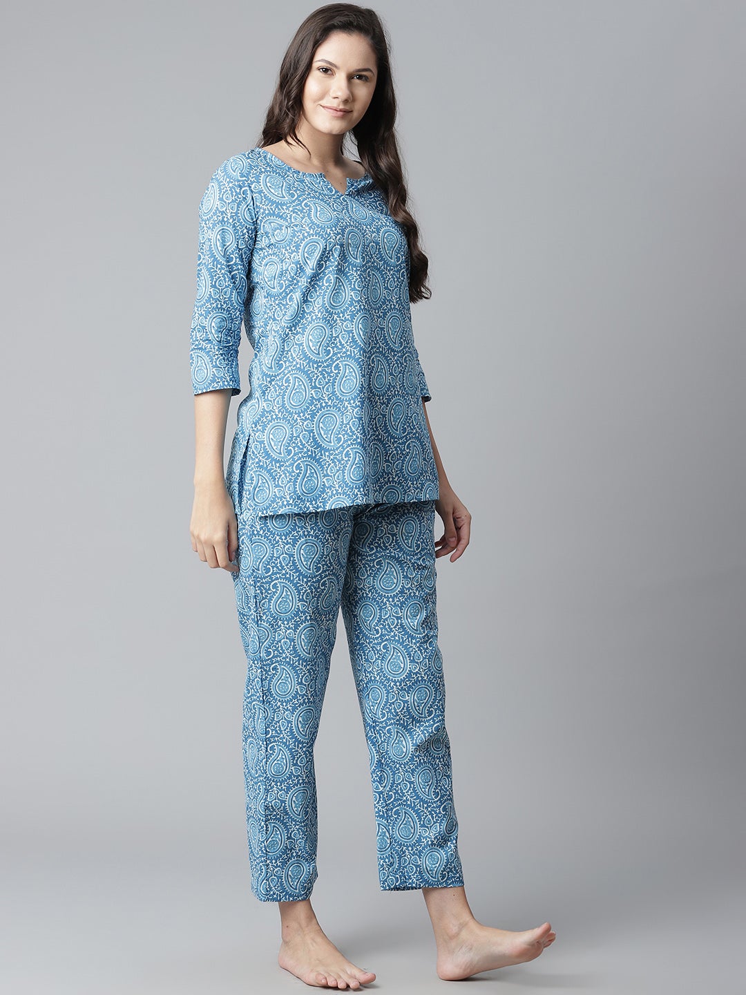 Women's Blue Printed Cotton Nightwear - Wahenoor