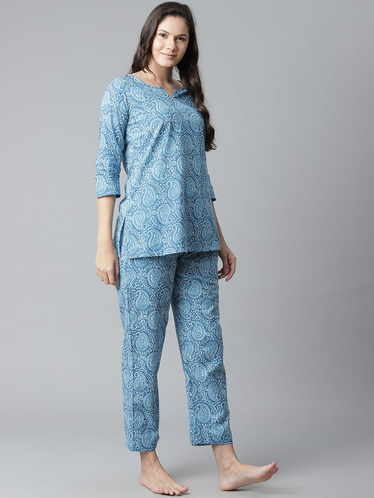 Women's Blue Printed Cotton Nightwea