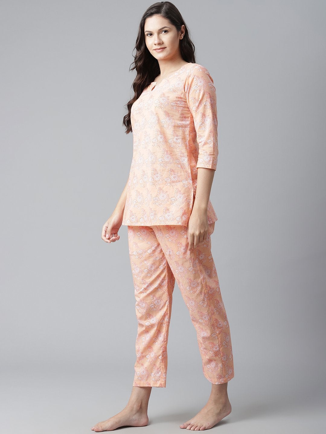 Women's Peach Printed Cotton Nightwear - Divena