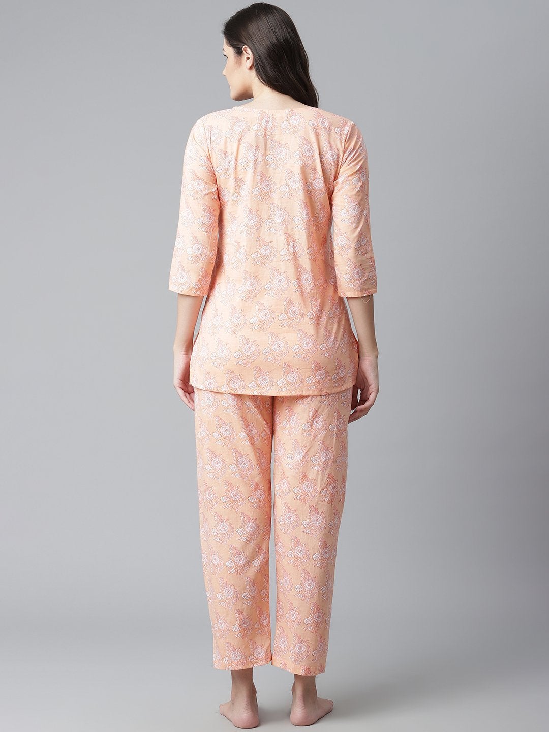 Women's Peach Printed Cotton Nightwear  - Wahenoor