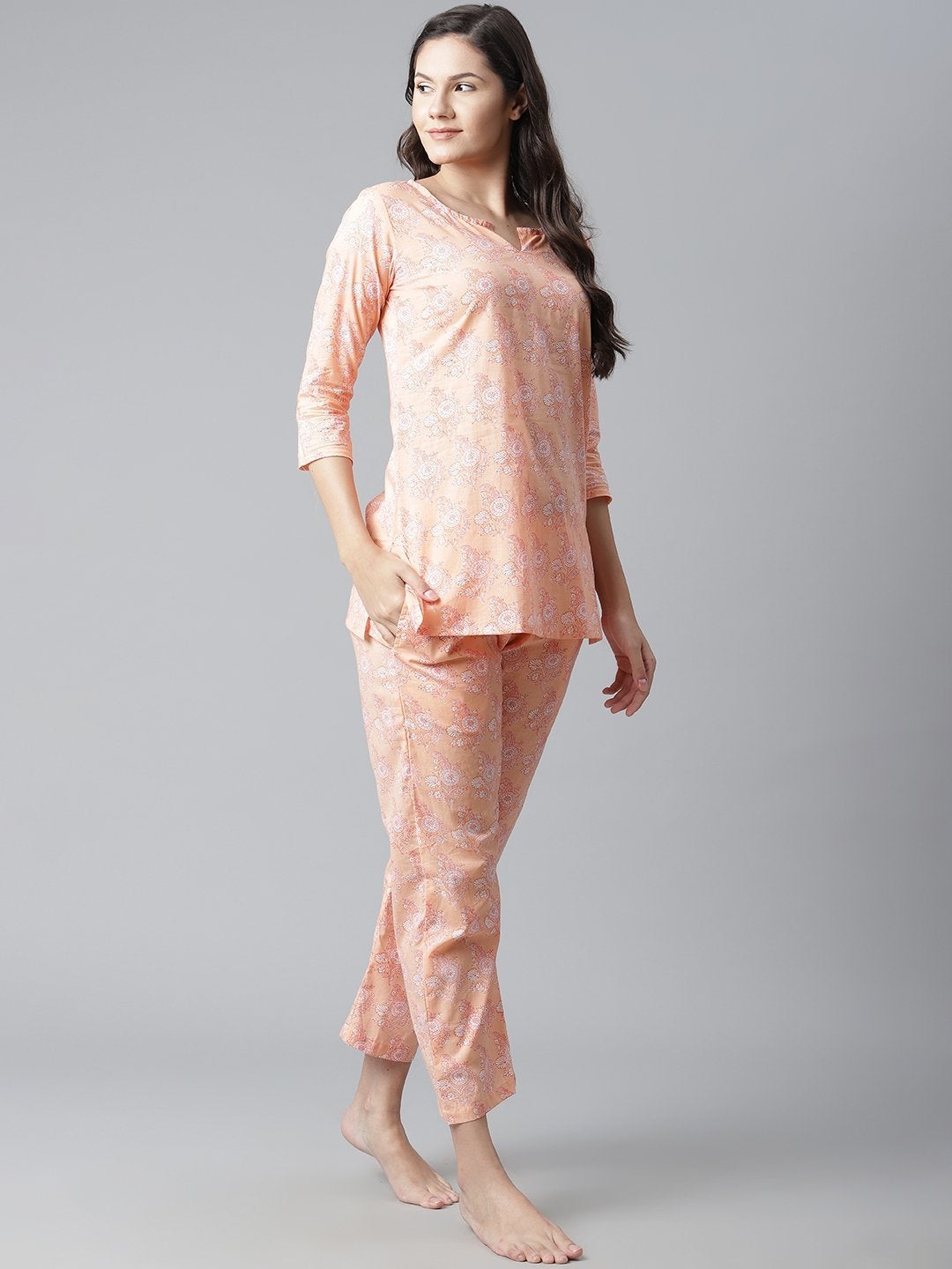 Women's Peach Printed Cotton Nightwear  - Wahenoor