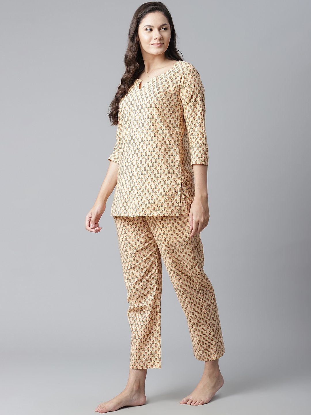 Women's Yellow Buti Print Cotton Nightwear  - Wahenoor