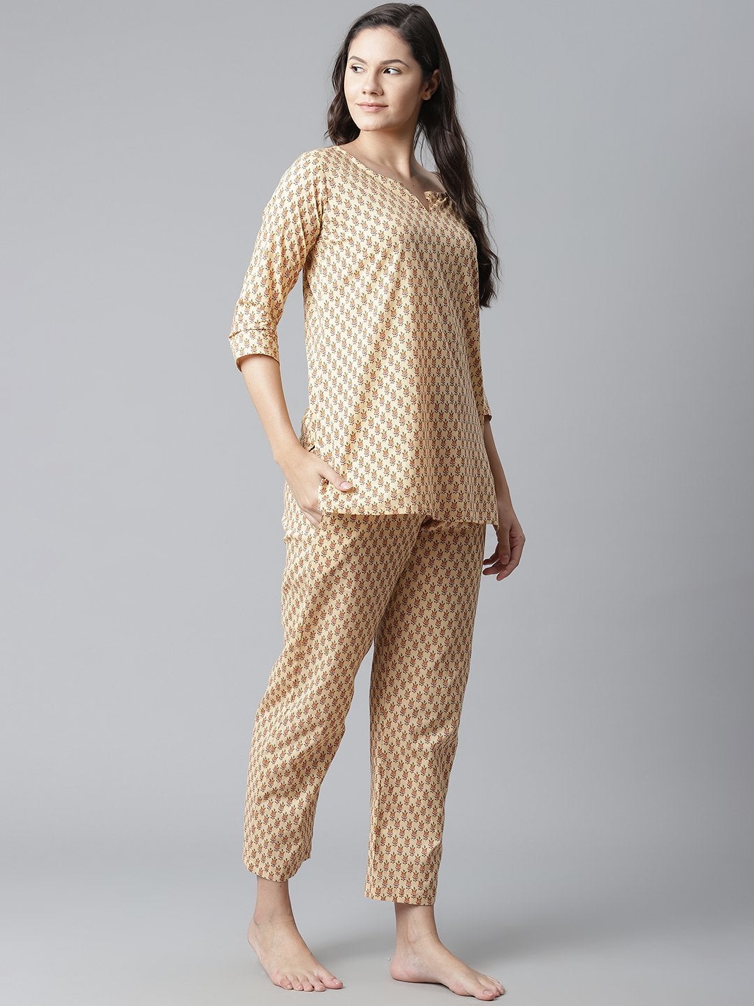 Women's The Dressify Yellow Buti Print Cotton Nightwear - Divena