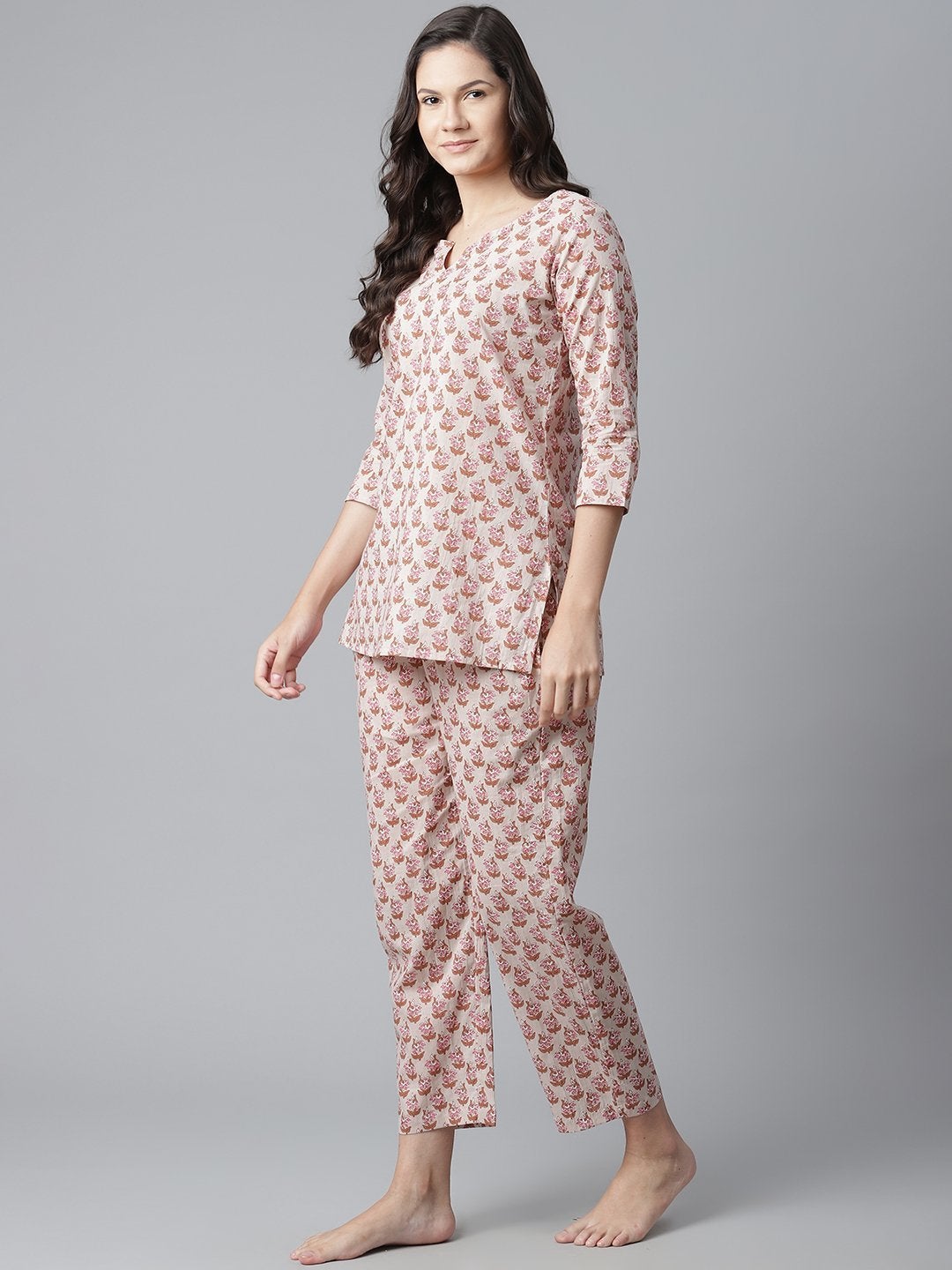 Women's Floral Pink Motif Cotton Nightsuit - Noz2Toz