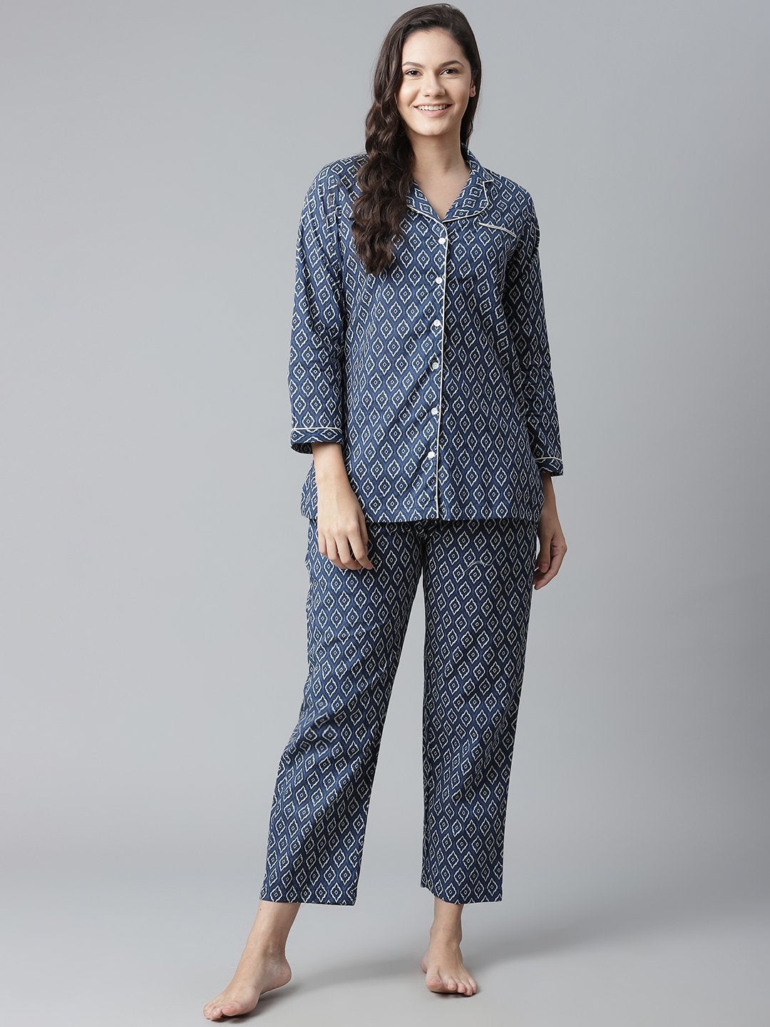 Women's Indigo Printed Cotton Nightsuit