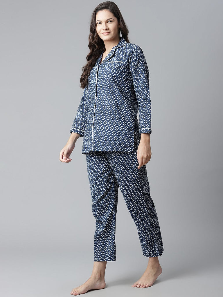 Women's Indigo Printed Cotton Nightsuit
