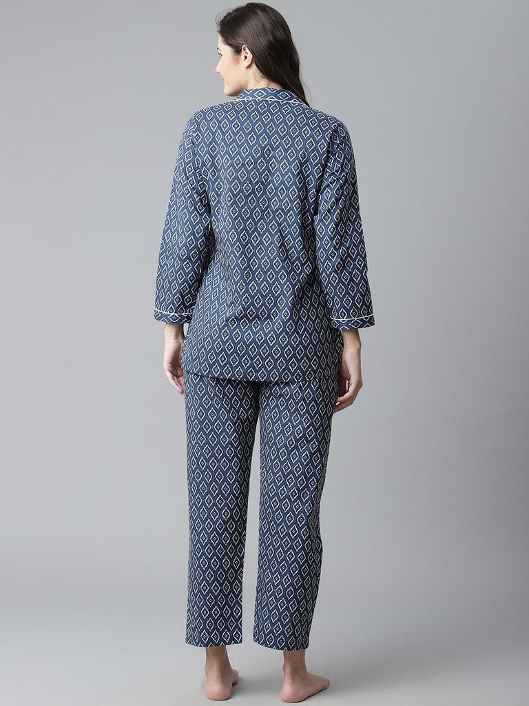 Women's Indigo Printed Cotton Nightsuit