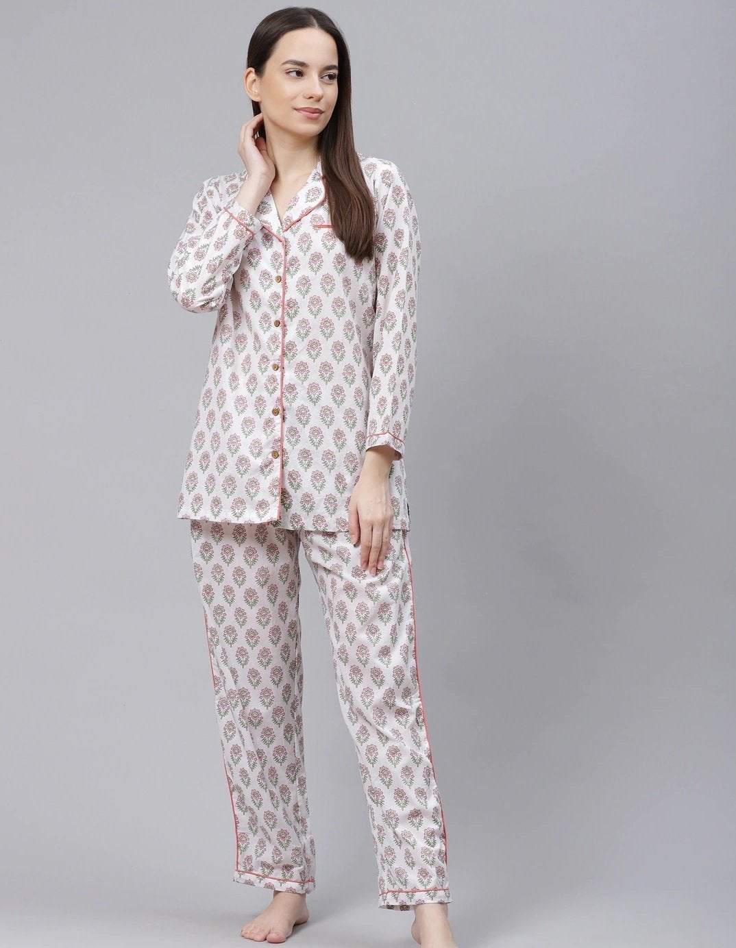 Women's The Dressify White Printed Cotton Night Suit - Divena