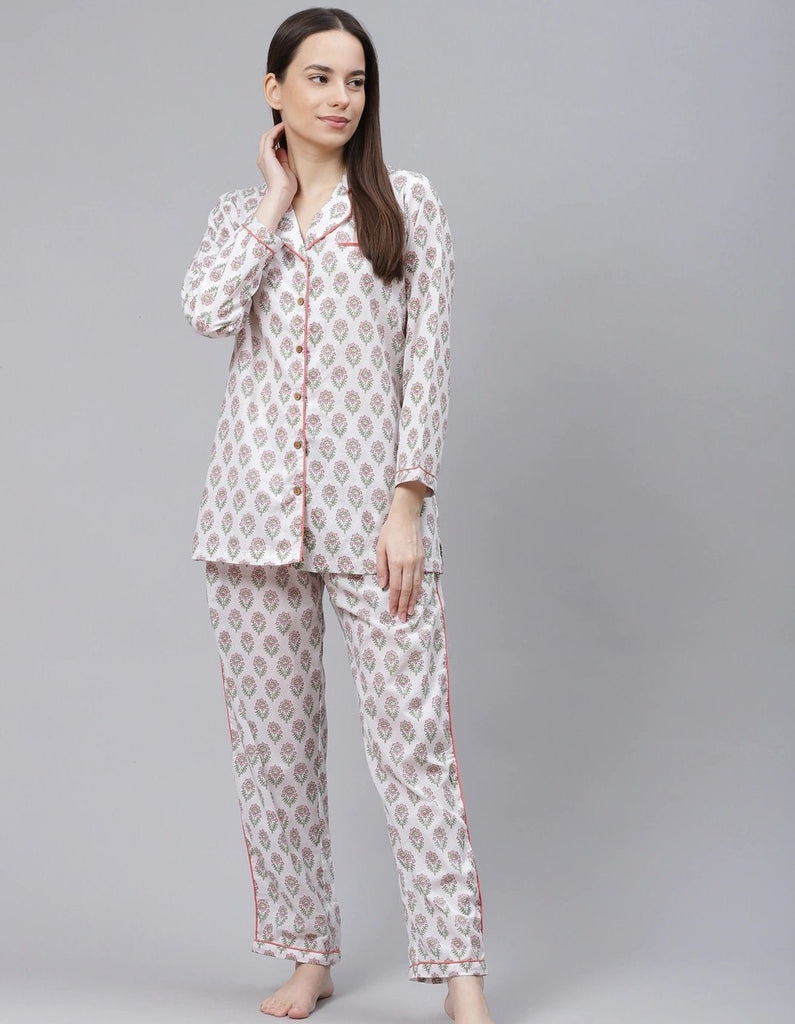 Women's White Printed Cotton Night Suit