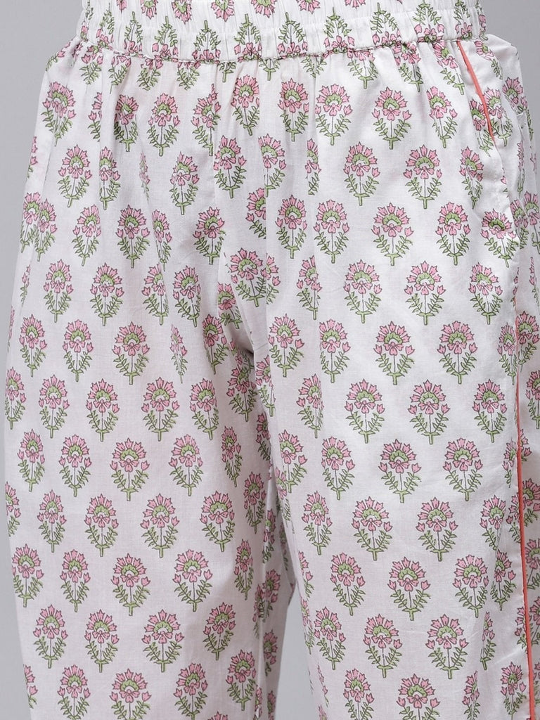 Women's White Printed Cotton Night Suit