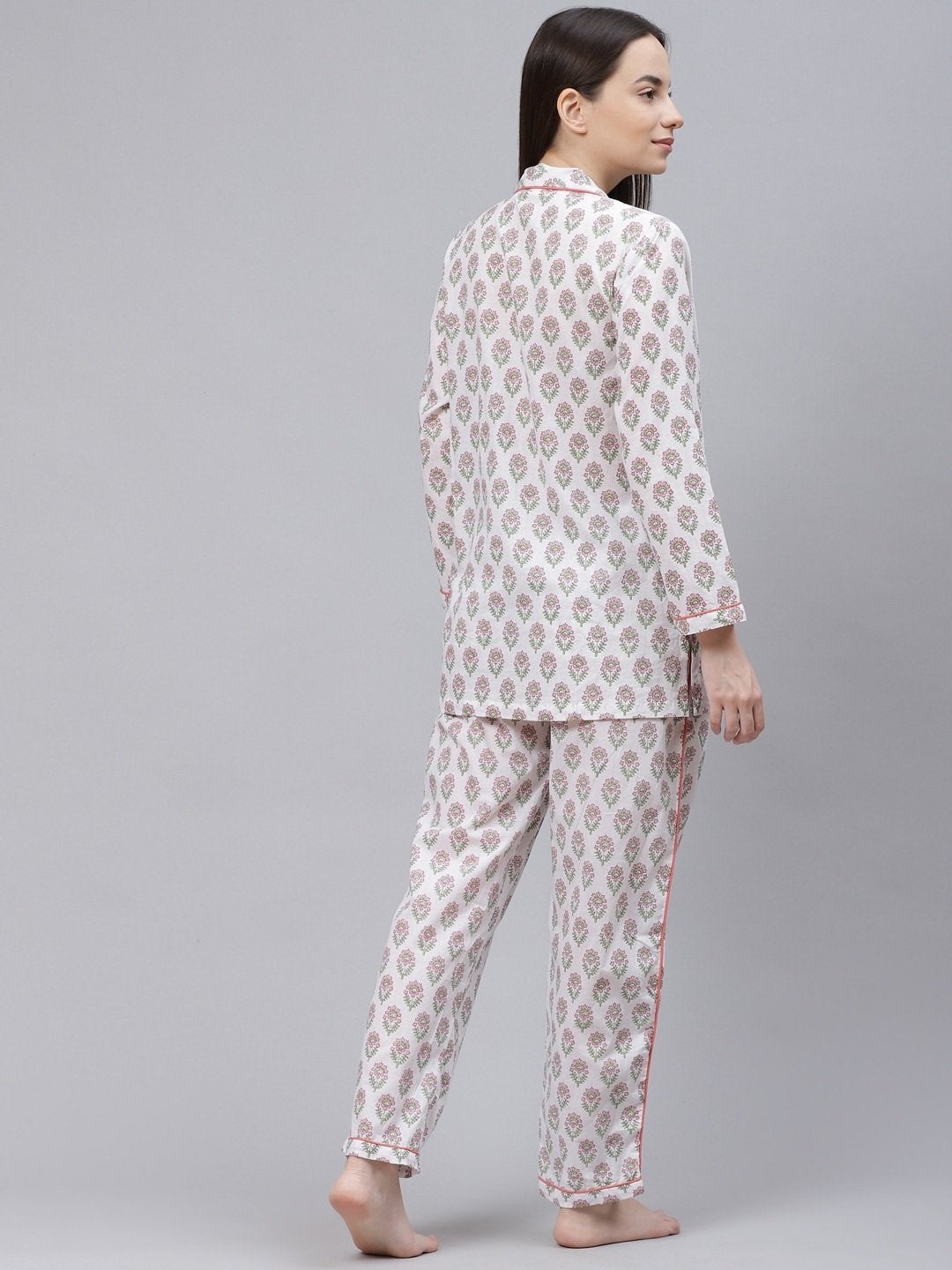 Women's White Printed Cotton Night Suit  - Wahenoor