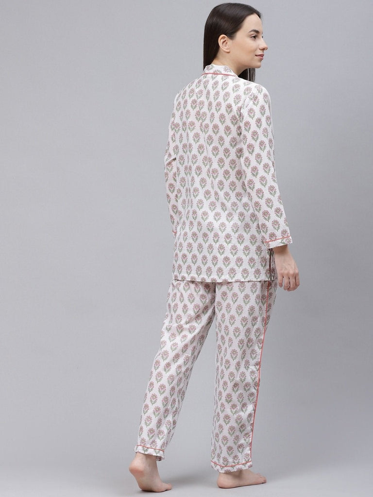 Women's White Printed Cotton Night Suit