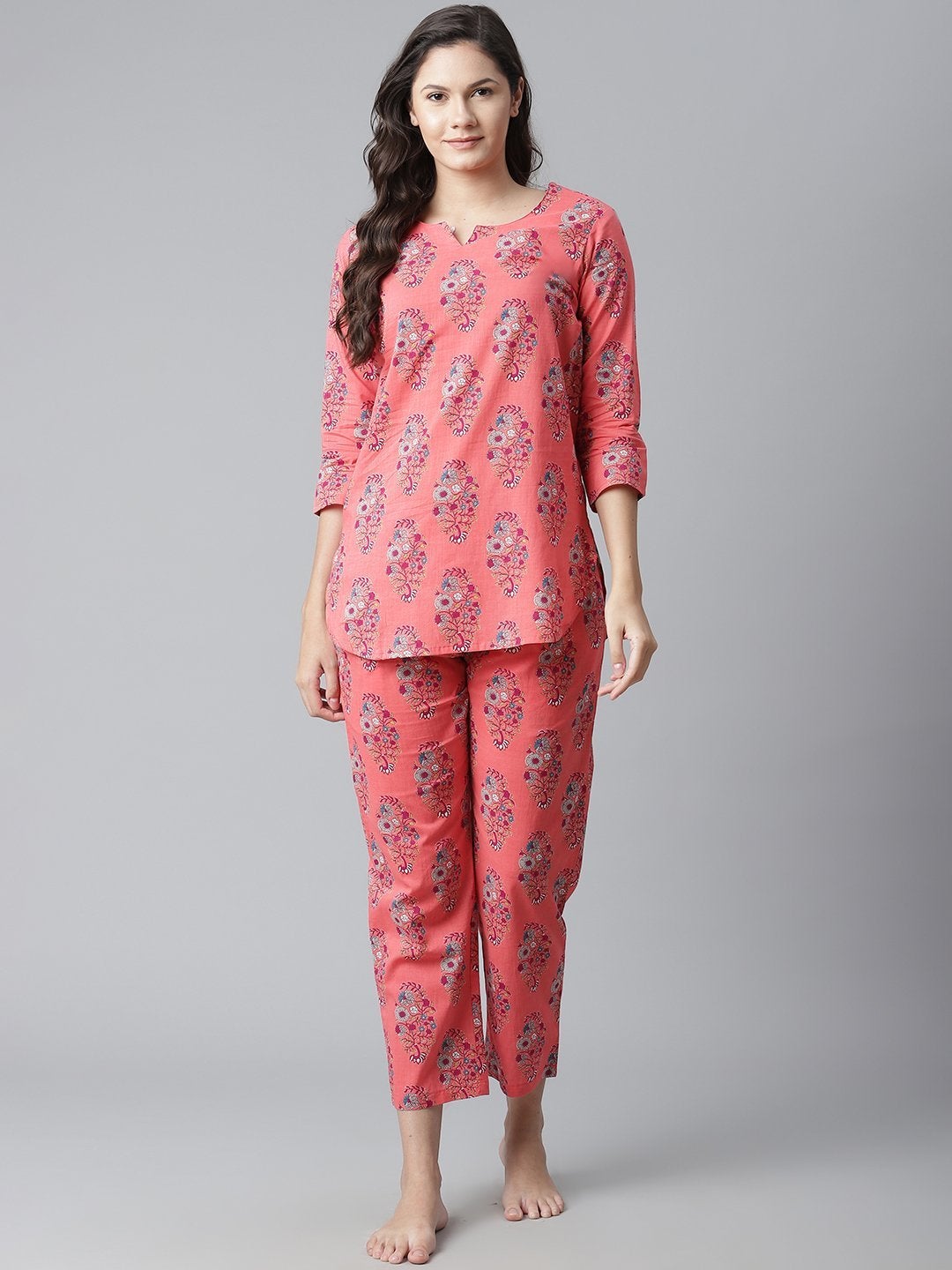 Women's Peach Cotton Printed Nightsuit  - Wahenoor