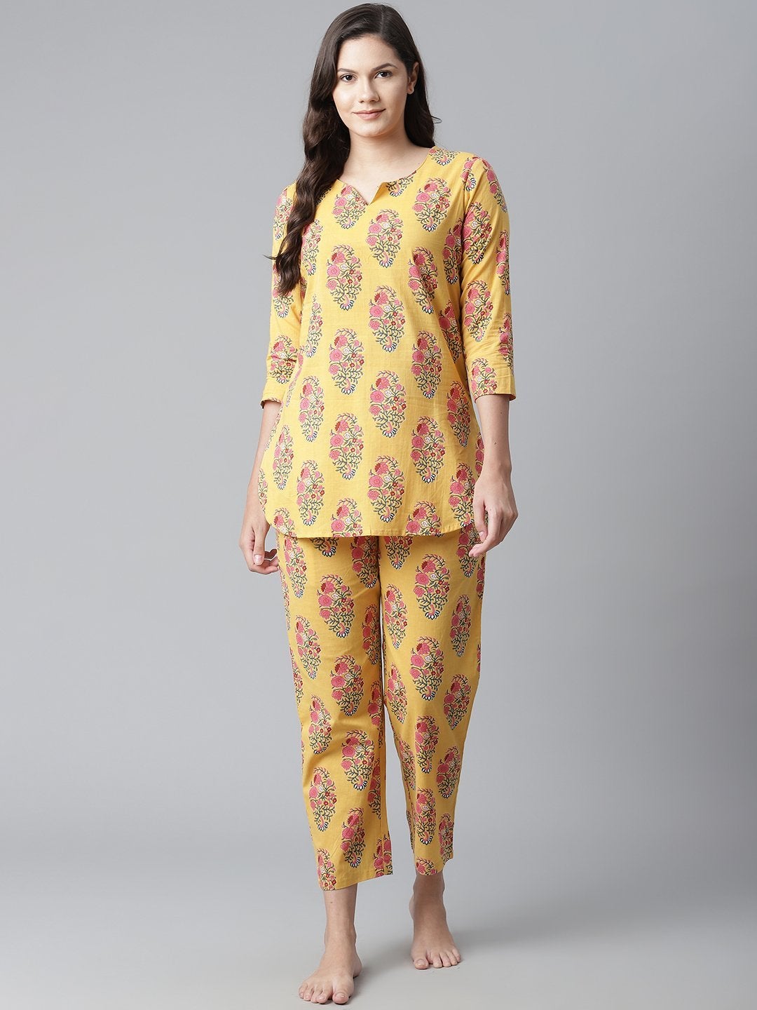 Women's Yellow Flower Cotton Motif Nightwear