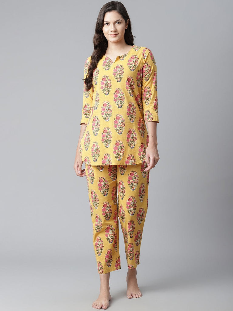 Women's Yellow Flower Cotton Motif Nightwear