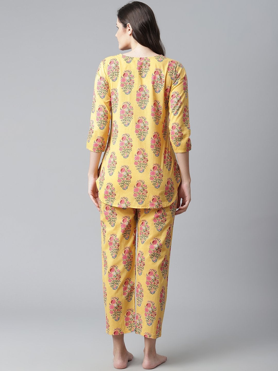 Women's Yellow Flower Cotton Motif Nightwear  - Wahenoor