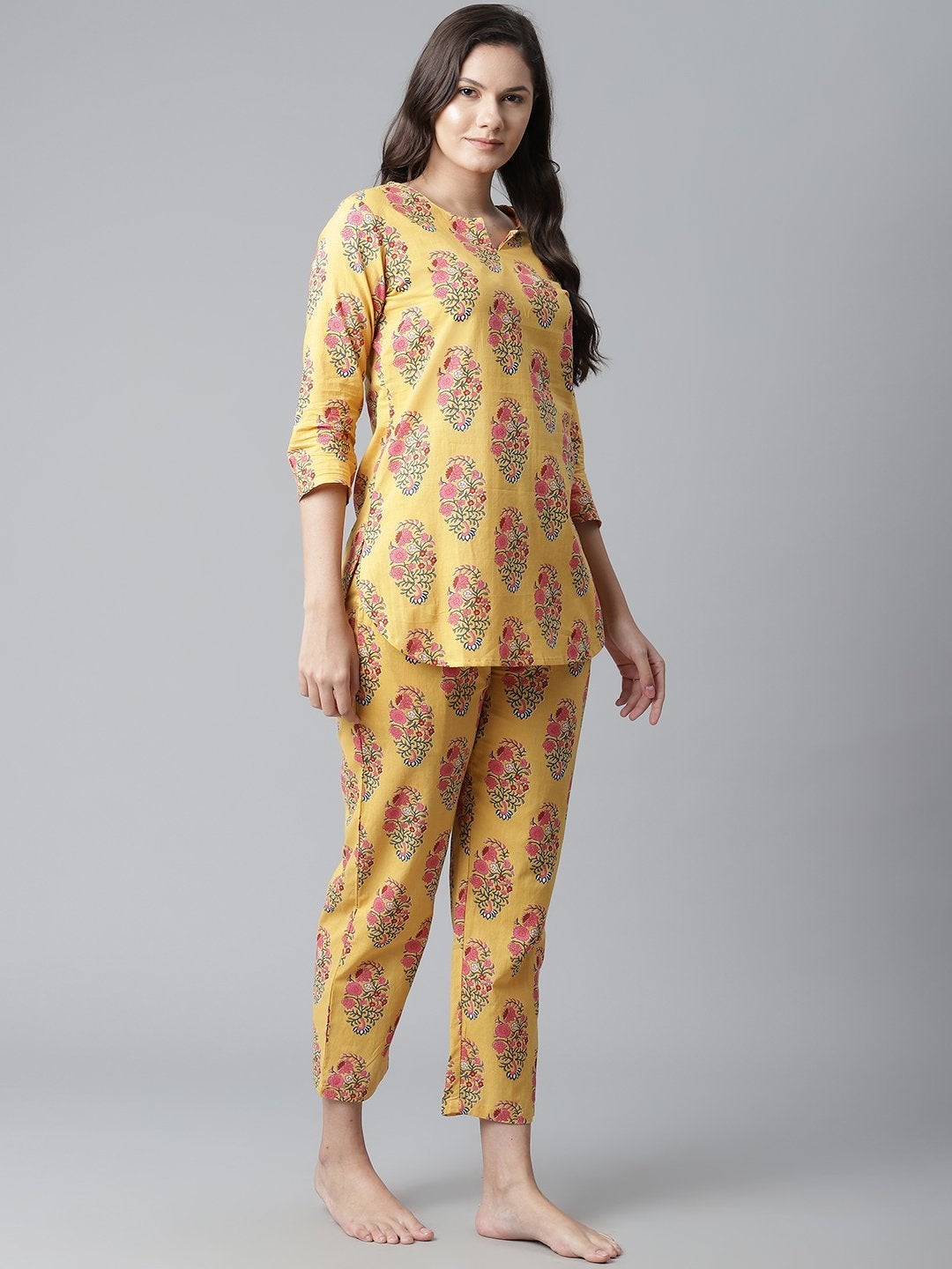 Women's Yellow Flower Cotton Motif Nightwear  - Wahenoor