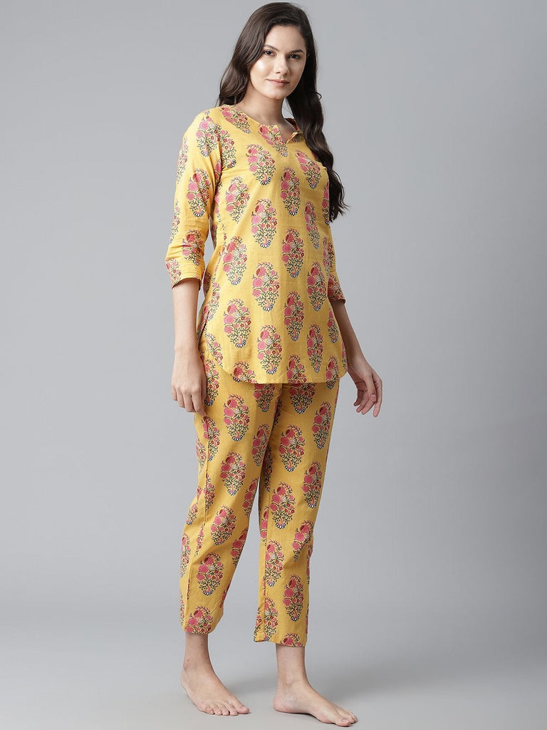 Women's Yellow Flower Cotton Motif Nightwear
