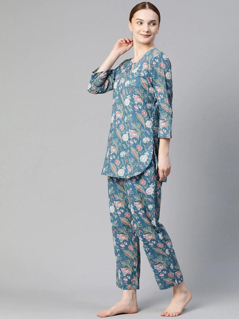 Women's Blue Printed Cotton Nightwear