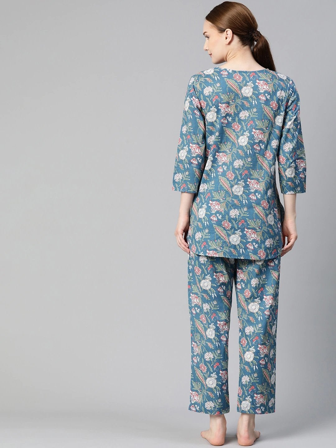 Women's Blue Printed Cotton Nightwear  - Wahenoor
