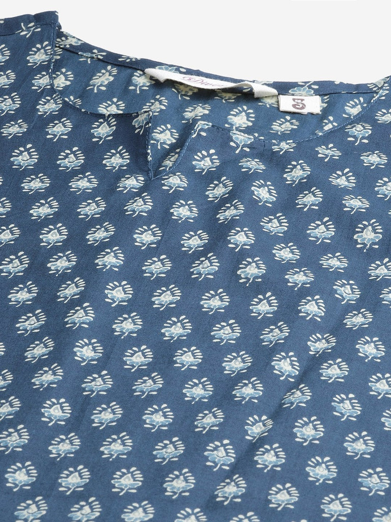 Women's Dark Blue Buti Print Cotton Nightwear