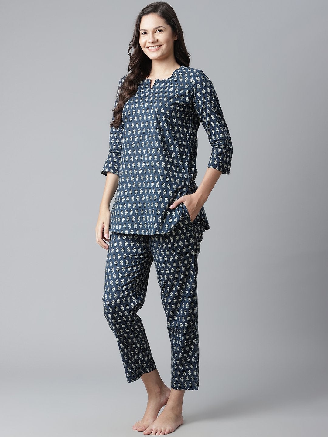 Women's Dark Blue Buti Print Cotton Nightwear - Divena
